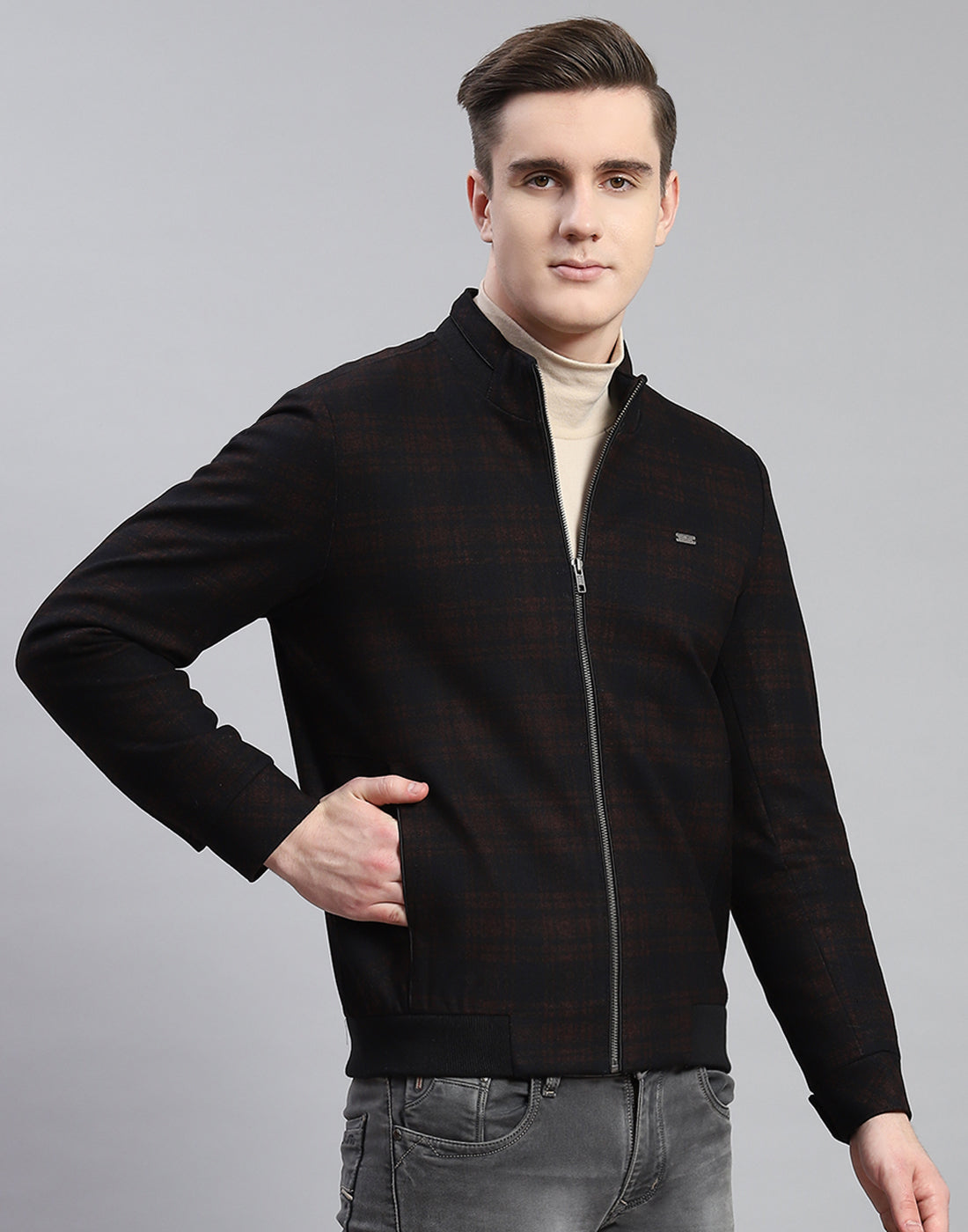 Men Rust Check Stand Collar Full Sleeve Coat