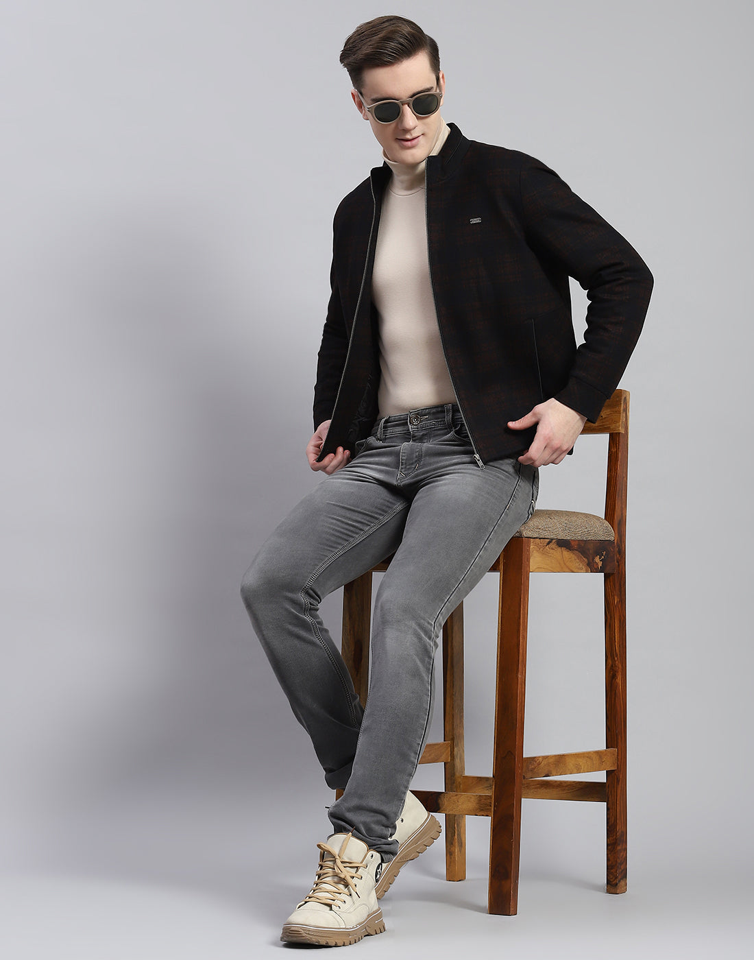 Men Rust Check Stand Collar Full Sleeve Coat