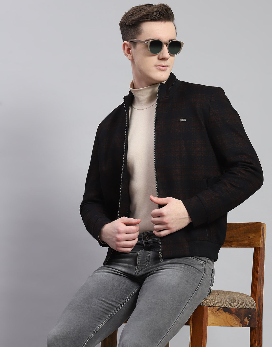 Men Rust Check Stand Collar Full Sleeve Coat