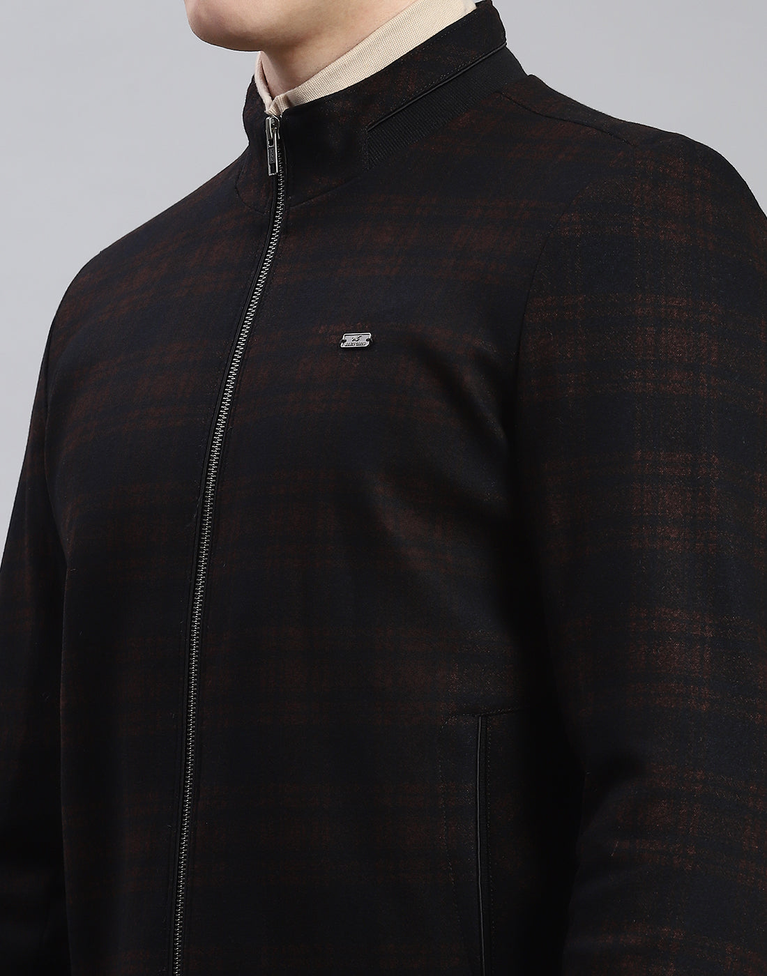 Men Rust Check Stand Collar Full Sleeve Coat