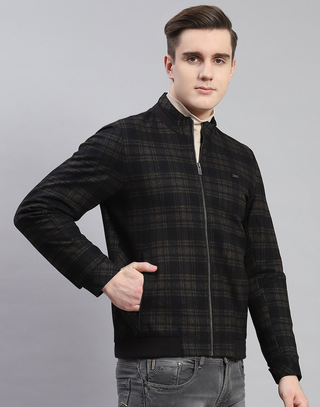 Men Brown Check Stand Collar Full Sleeve Coat