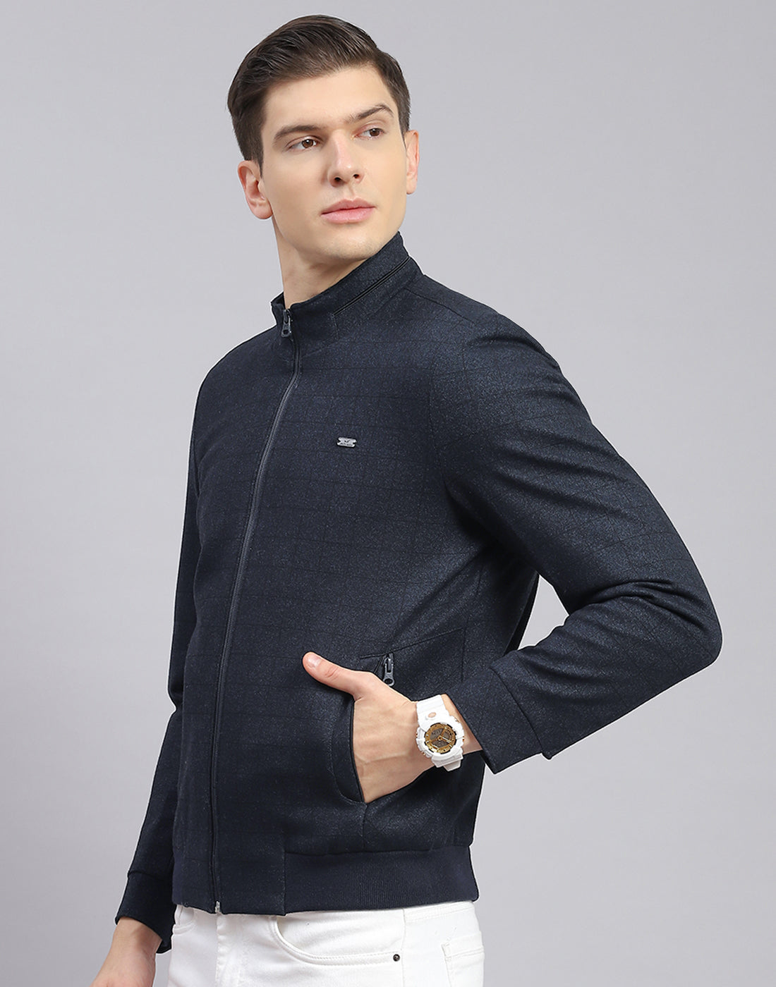 Men Navy Blue Check Stand Collar Full Sleeve Jacket