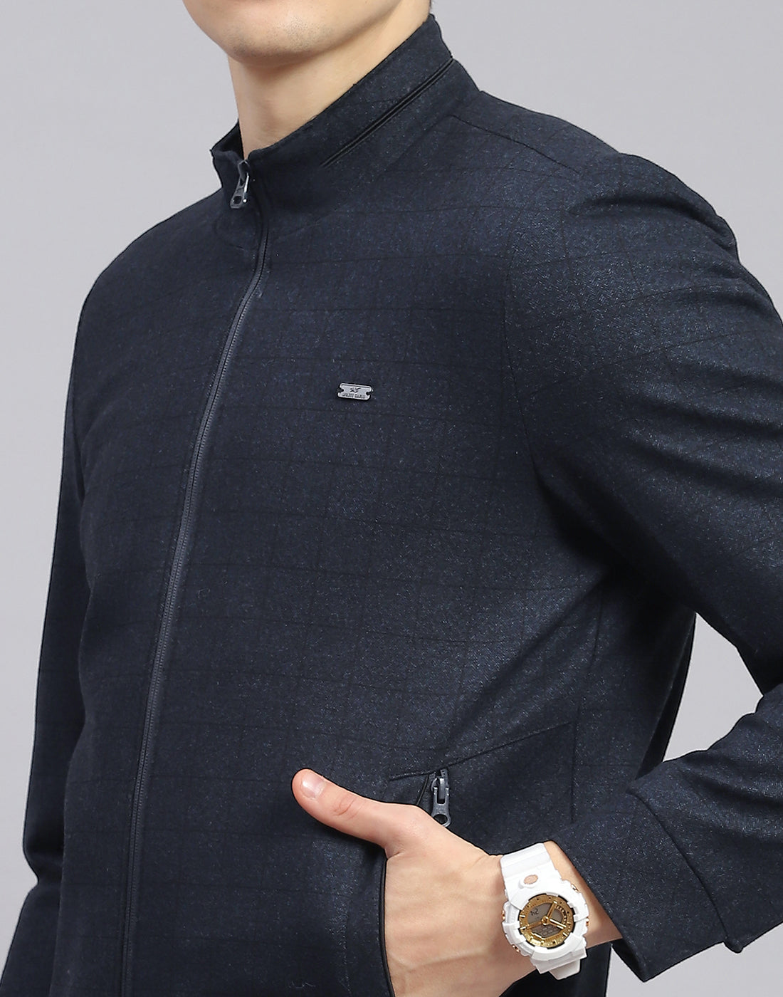 Men Navy Blue Check Stand Collar Full Sleeve Jacket