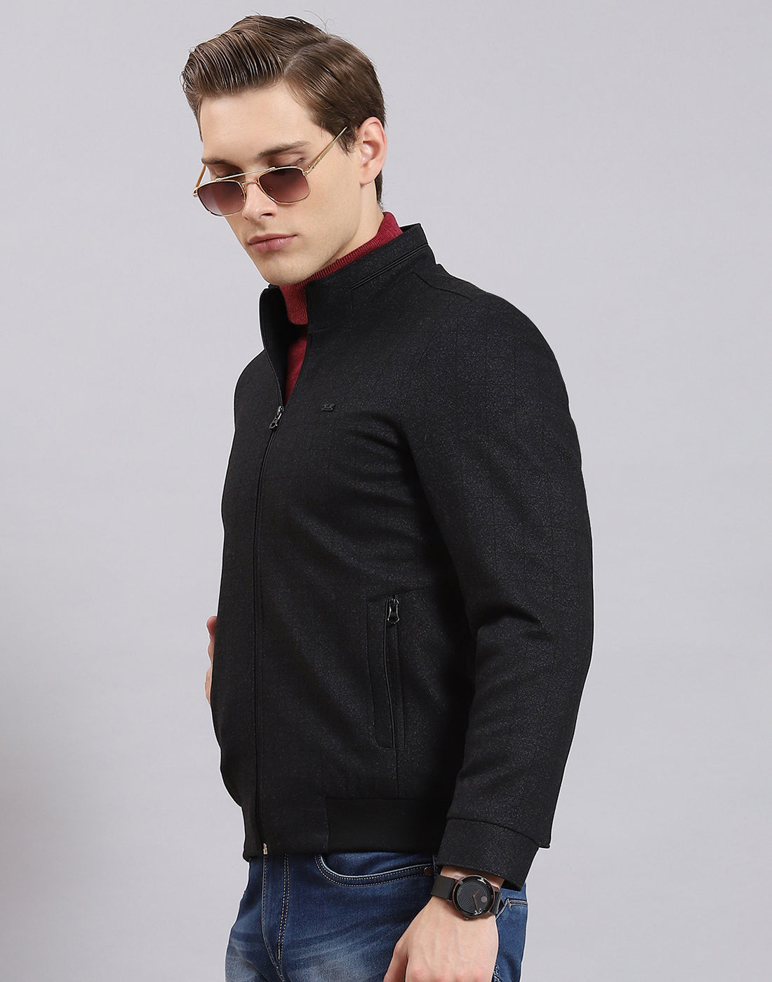 Men Black Check Collar Full Sleeve Jacket