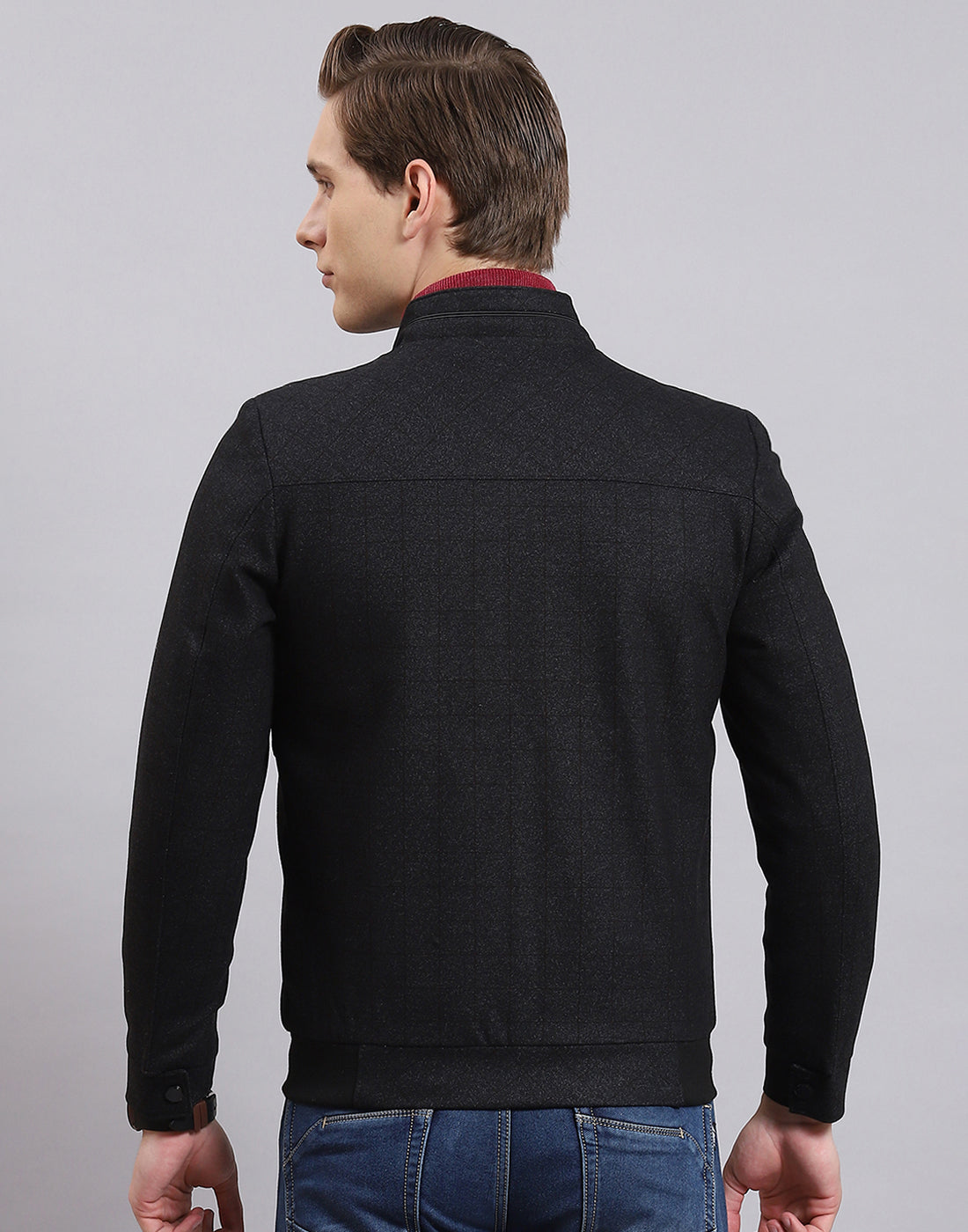 Men Black Check Collar Full Sleeve Jacket