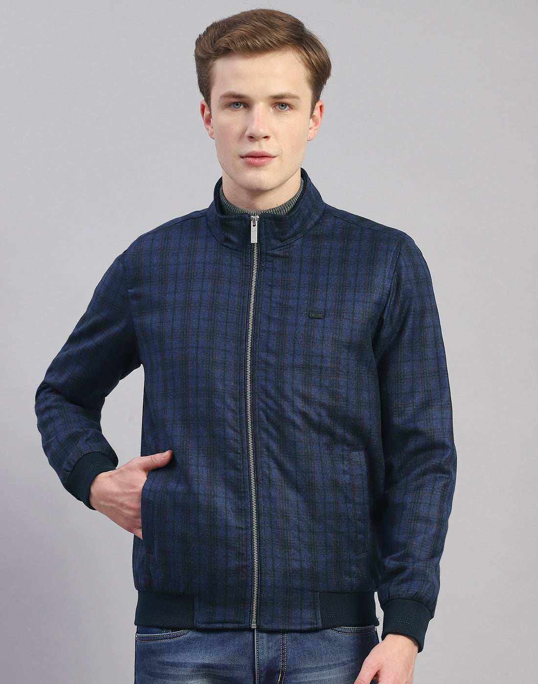 Men Blue Check Mandarin Collar Full Sleeve Jacket