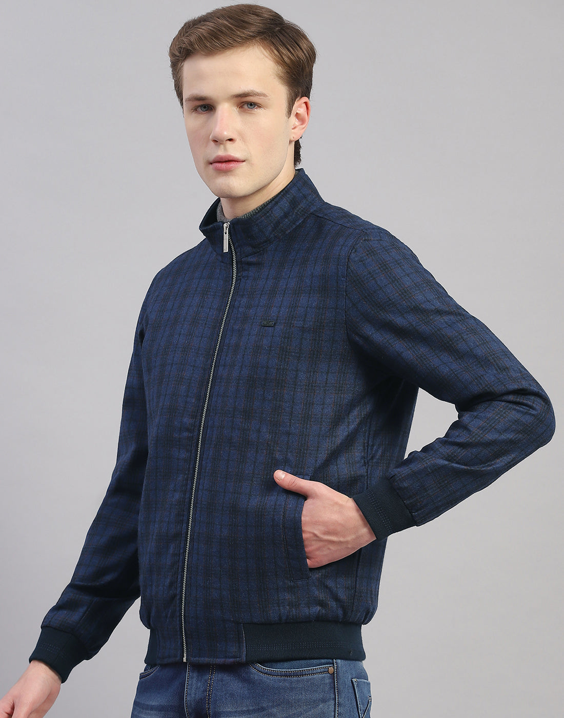 Men Blue Check Mandarin Collar Full Sleeve Jacket