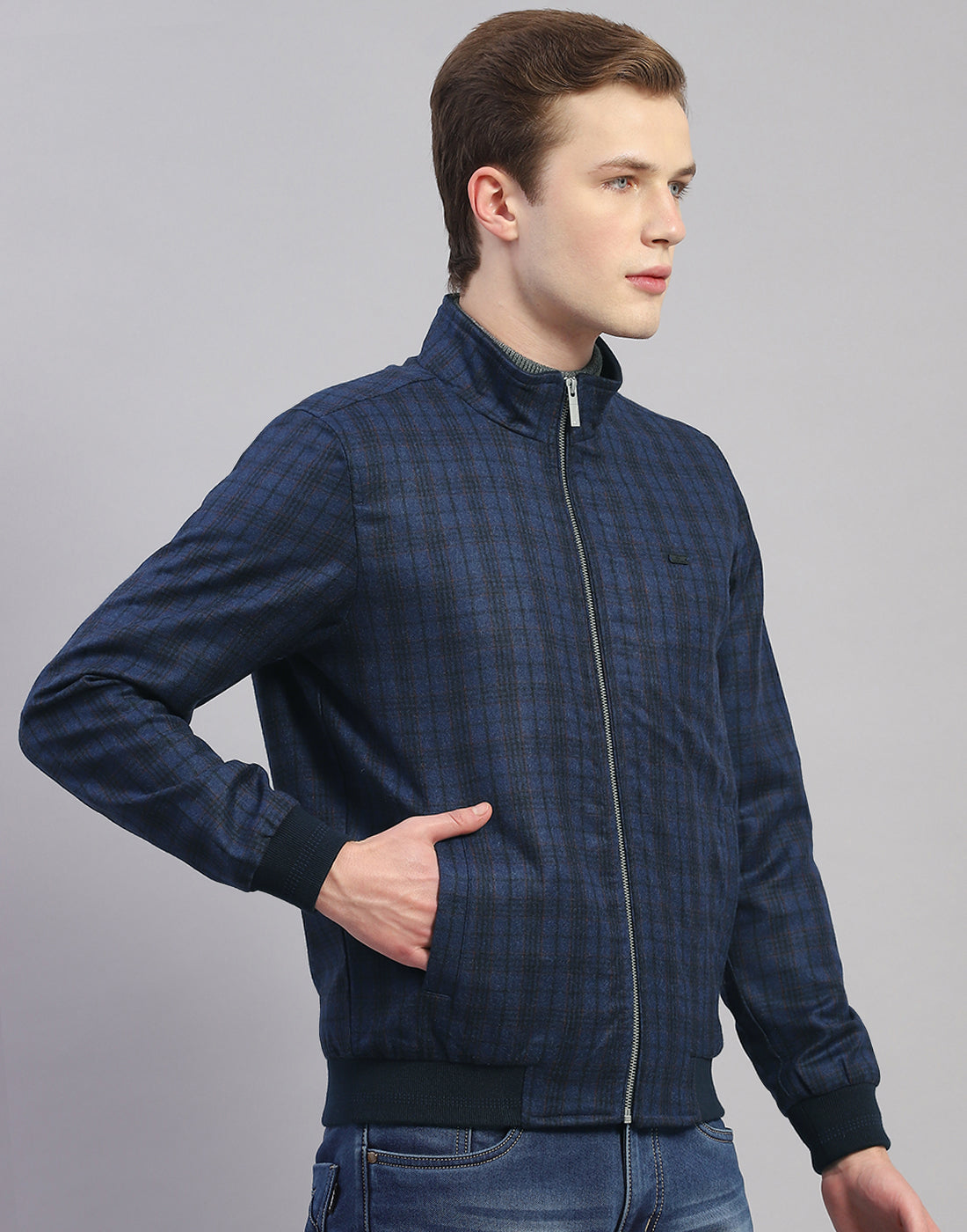 Men Blue Check Mandarin Collar Full Sleeve Jacket