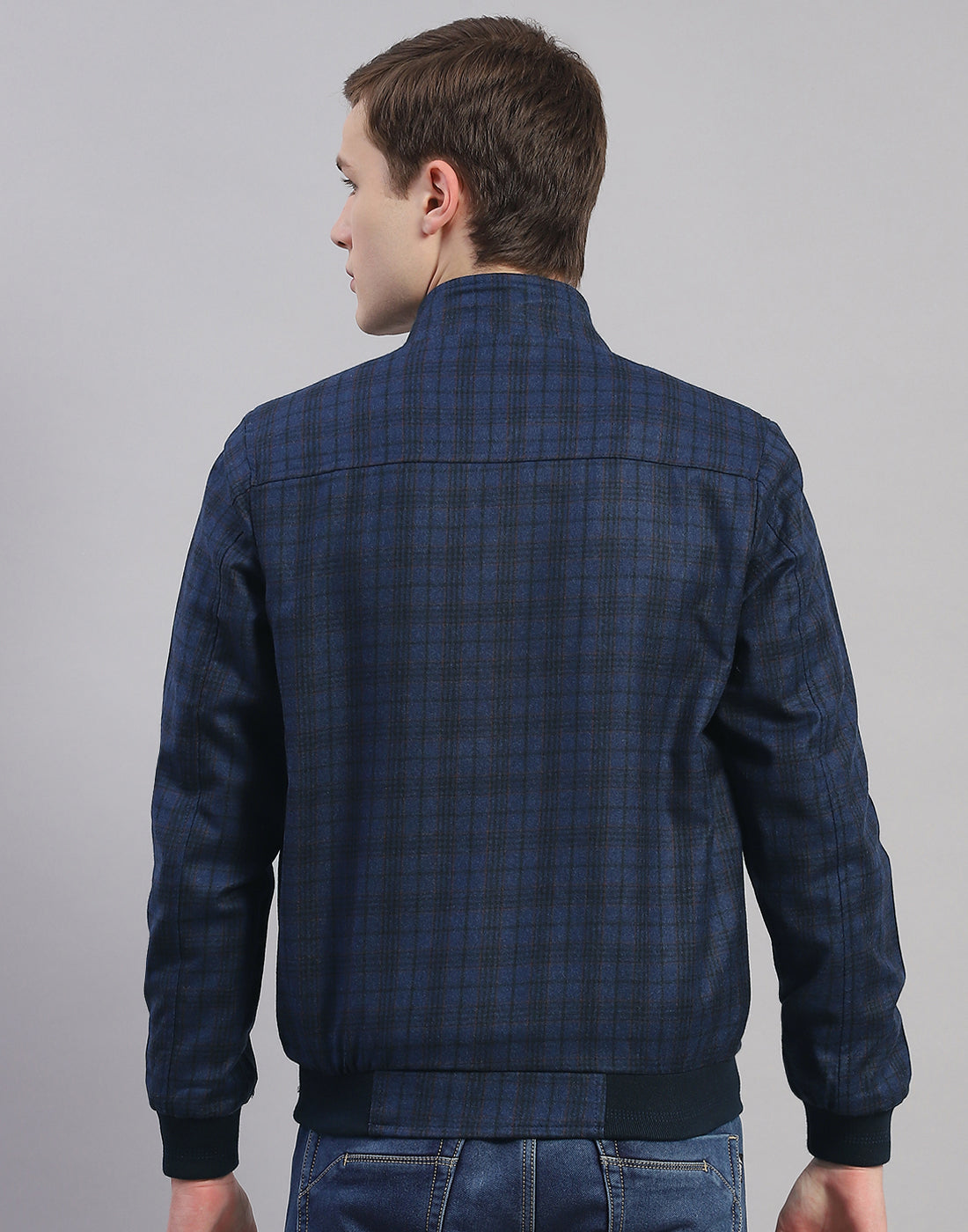 Men Blue Check Mandarin Collar Full Sleeve Jacket