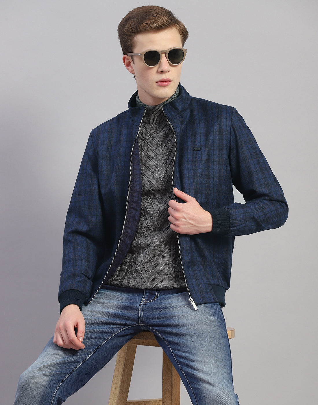 Men Blue Check Mandarin Collar Full Sleeve Jacket