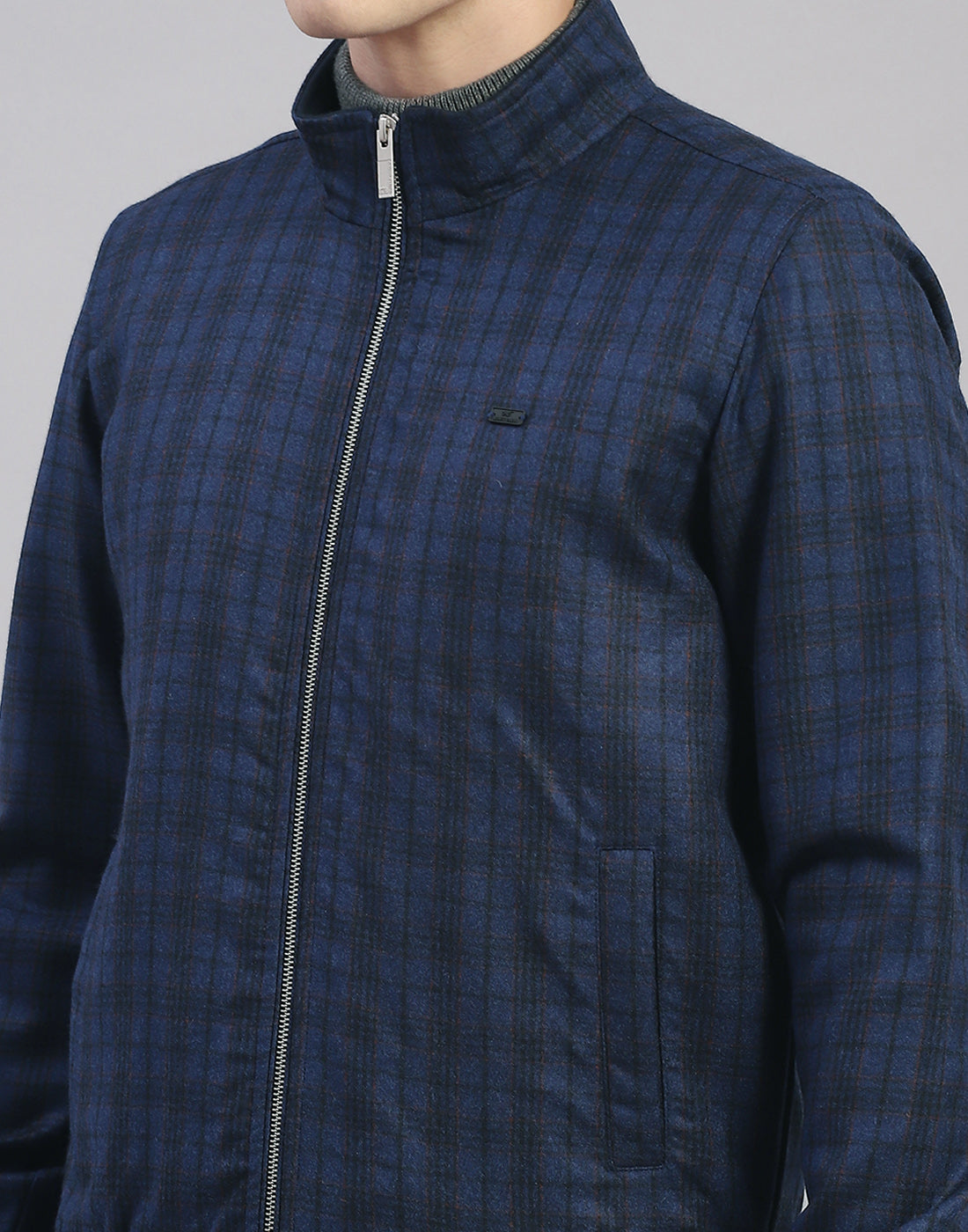 Men Blue Check Mandarin Collar Full Sleeve Jacket