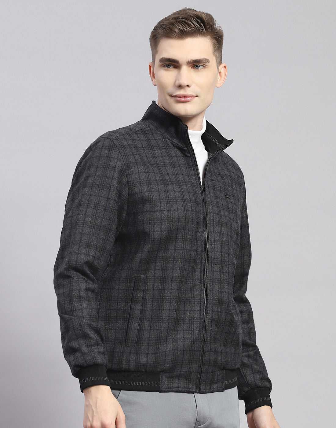 Men Grey Check Mandarin Collar Full Sleeve Jacket