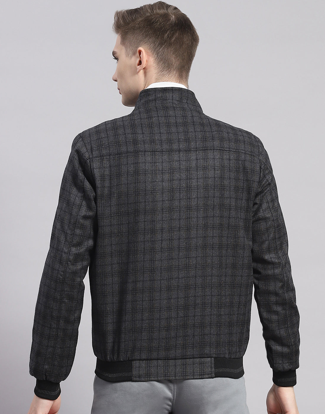 Men Grey Check Mandarin Collar Full Sleeve Jacket