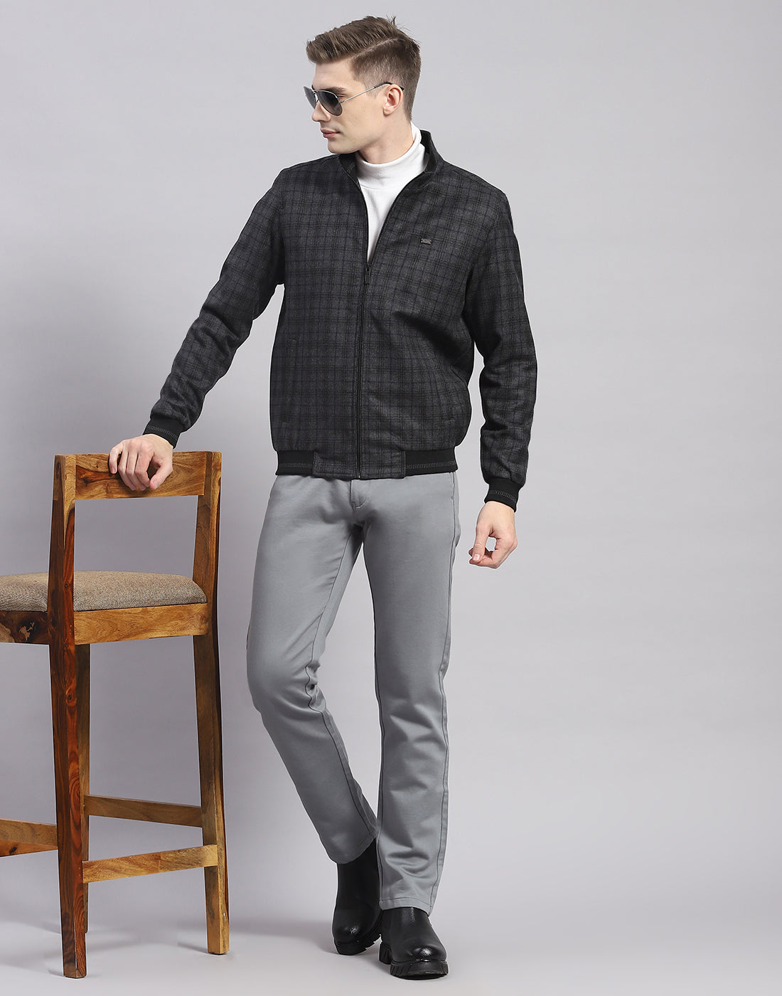 Men Grey Check Mandarin Collar Full Sleeve Jacket