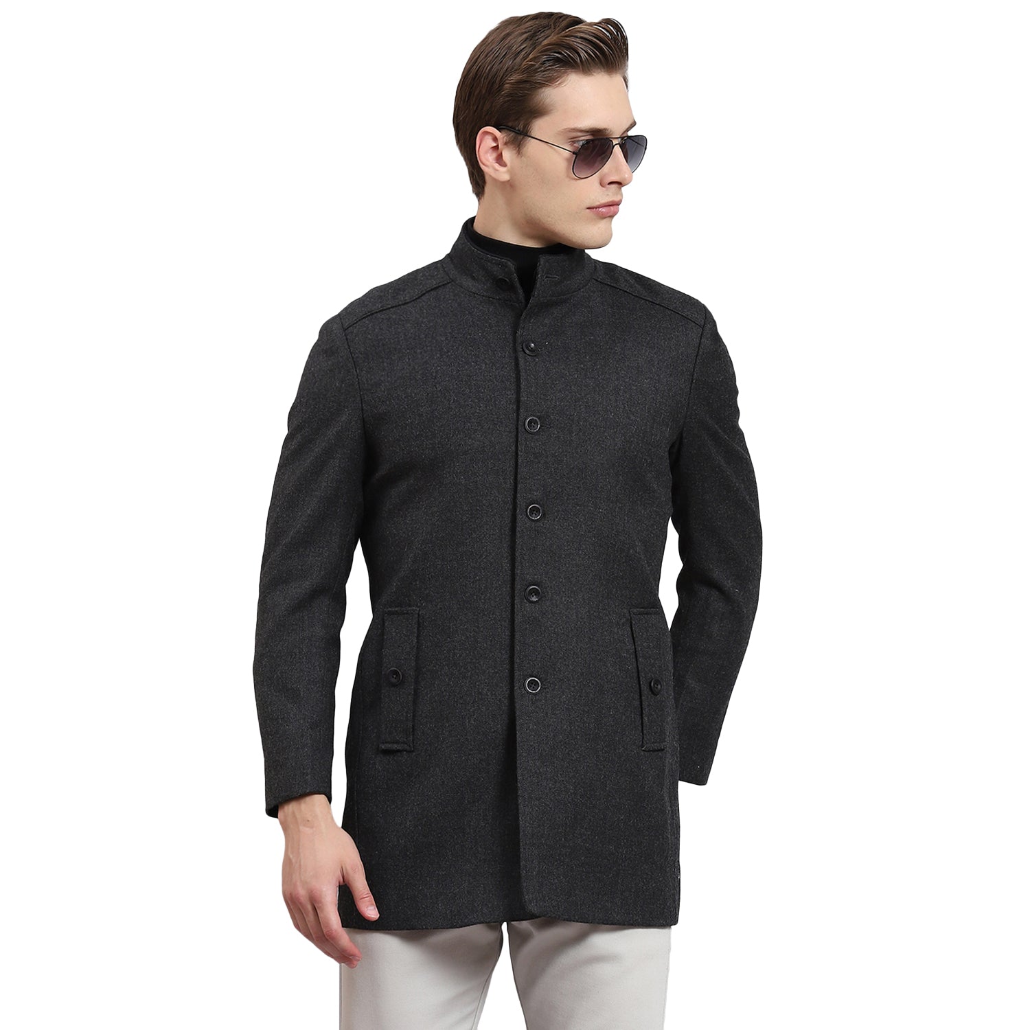 Men Grey Solid Stand Collar Full Sleeve Coat