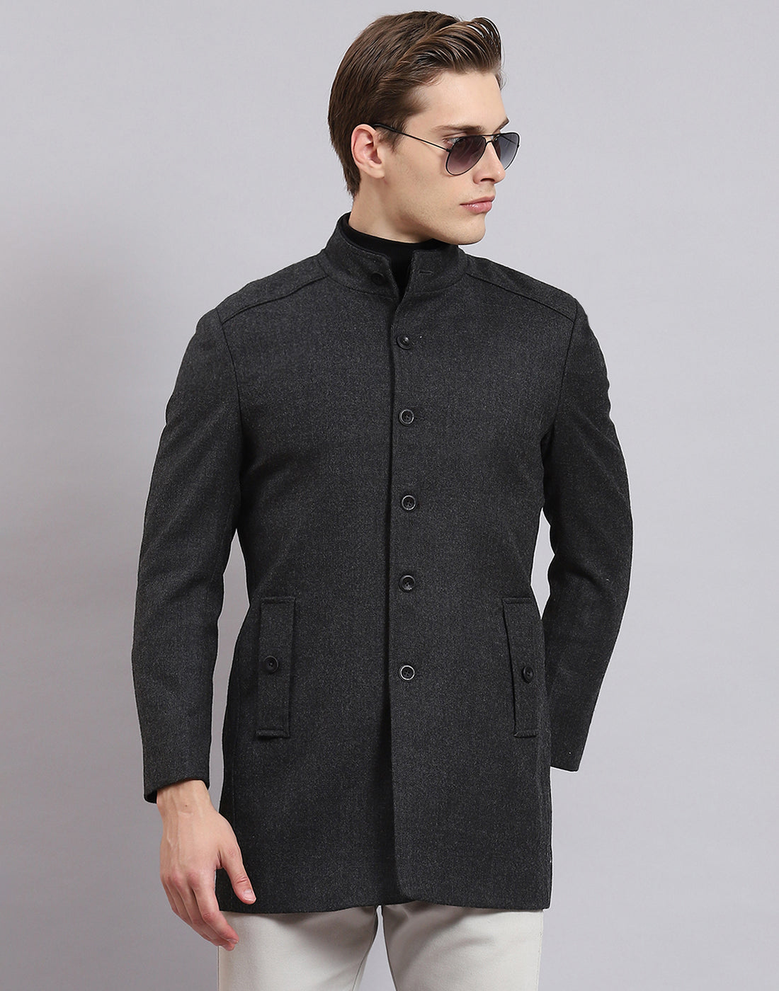 Men Grey Solid Stand Collar Full Sleeve Coat