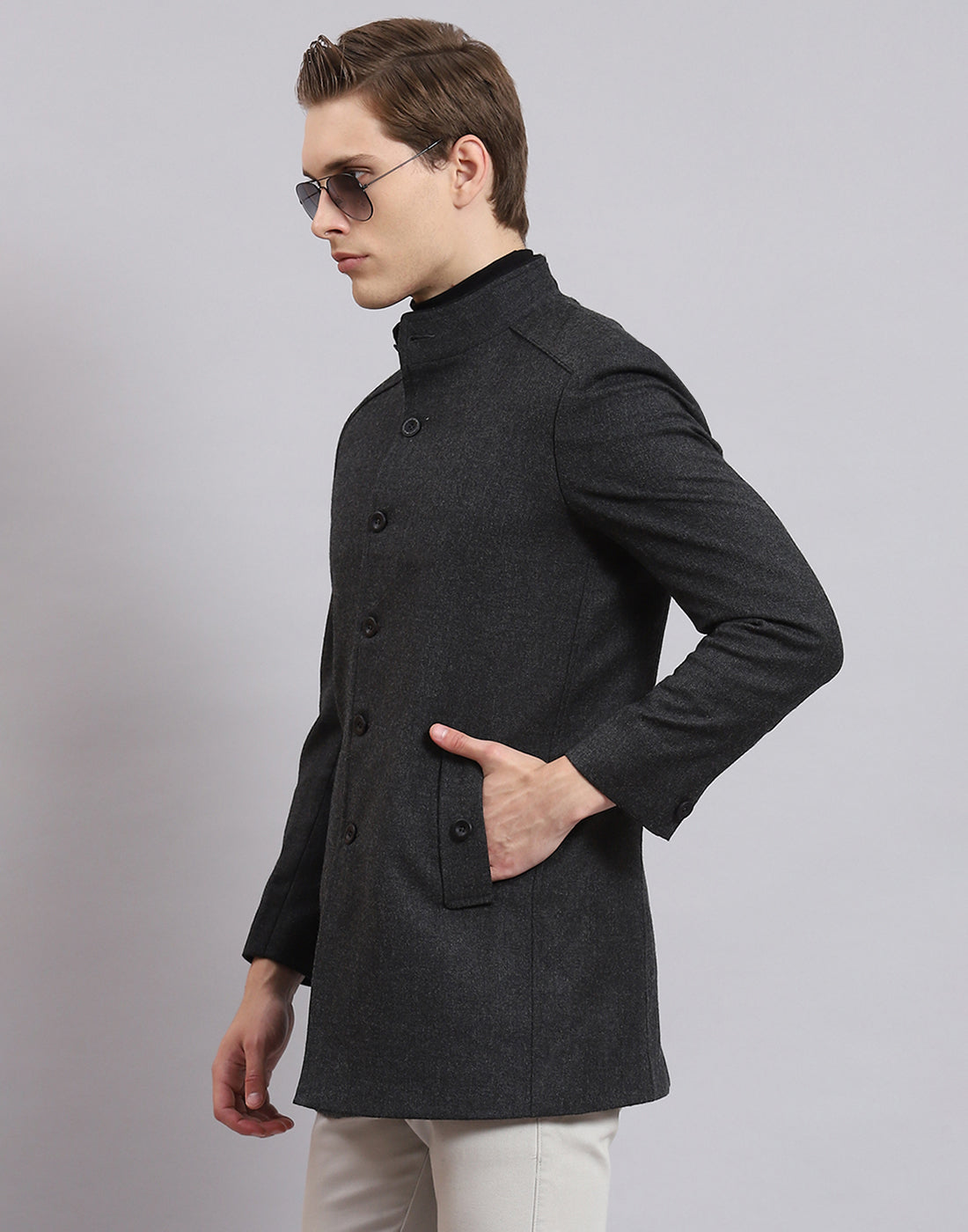 Men Grey Solid Stand Collar Full Sleeve Coat