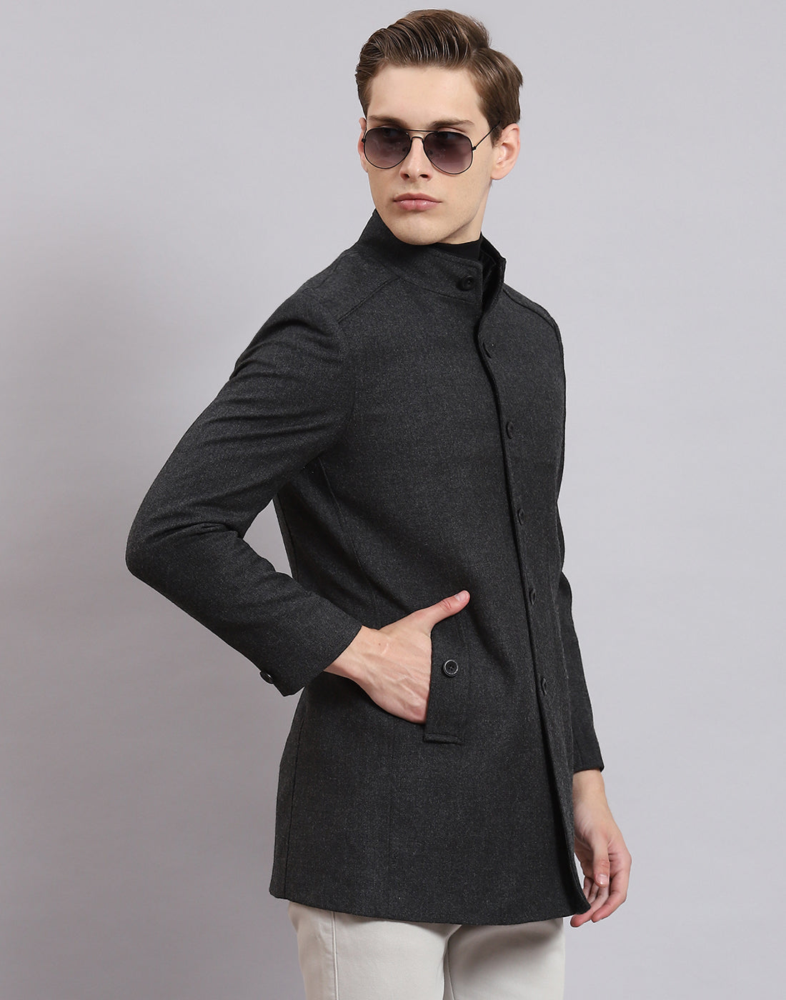 Men Grey Solid Stand Collar Full Sleeve Coat