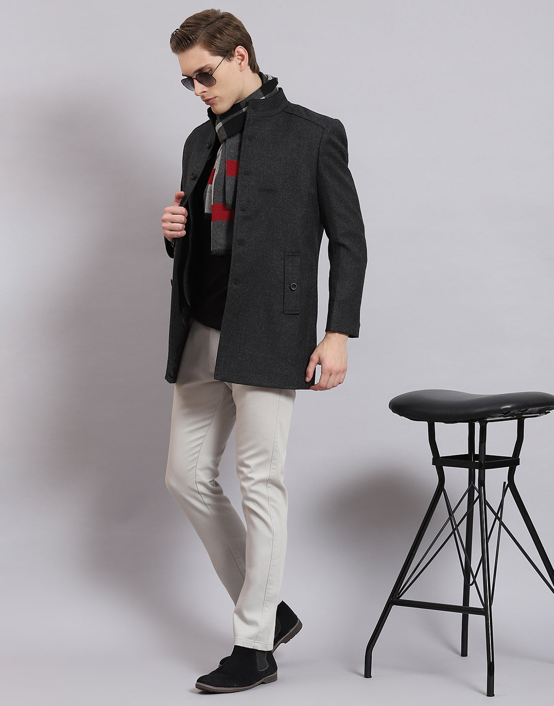 Men Grey Solid Stand Collar Full Sleeve Coat