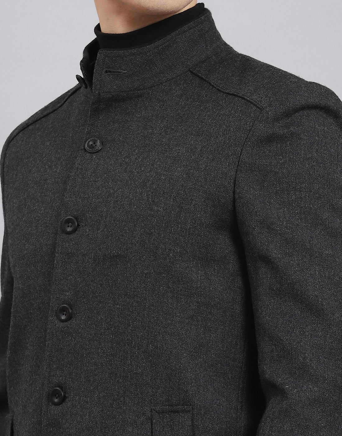 Men Grey Solid Stand Collar Full Sleeve Coat