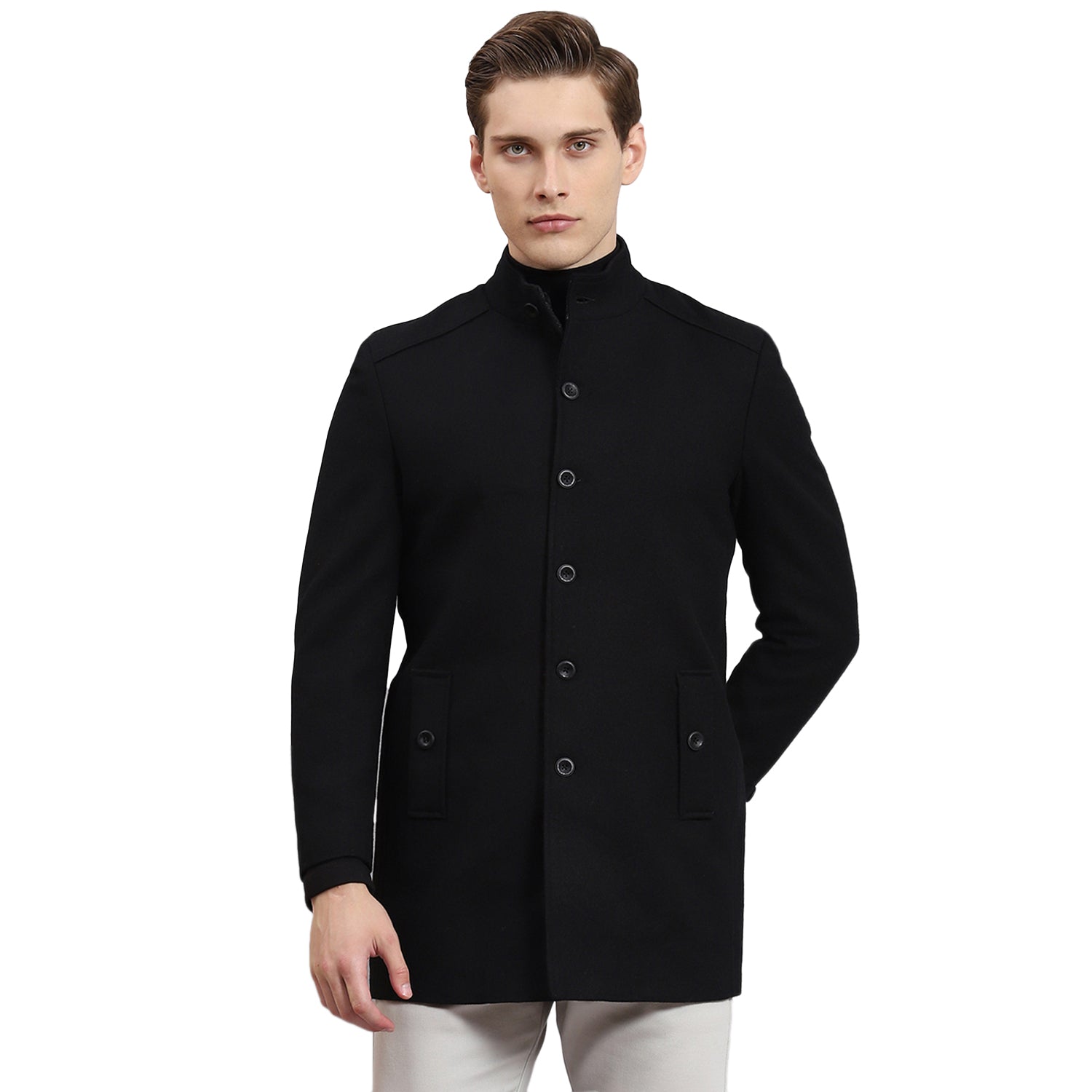 Men Black Solid Stand Collar Full Sleeve Coat