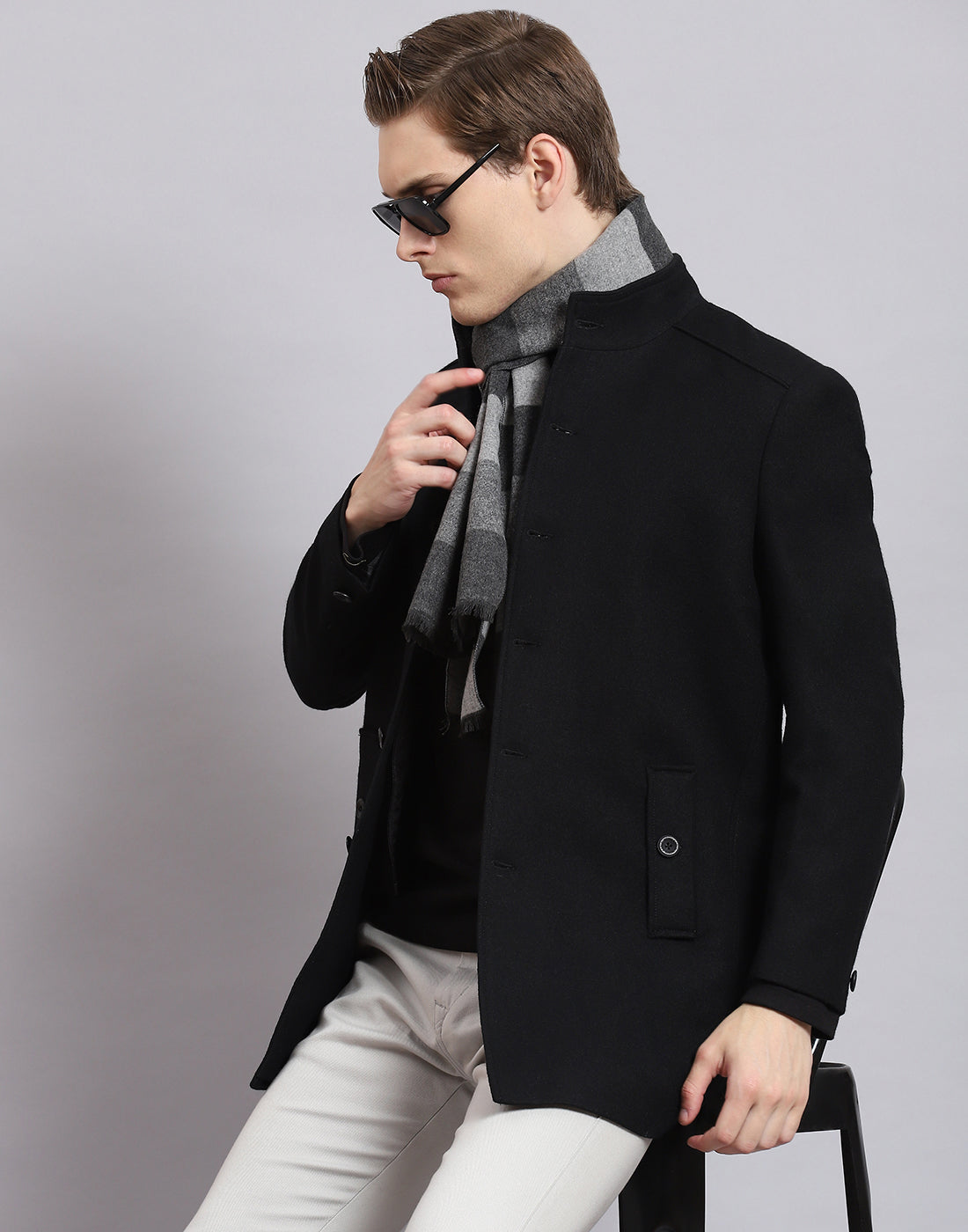 Men Black Solid Stand Collar Full Sleeve Coat