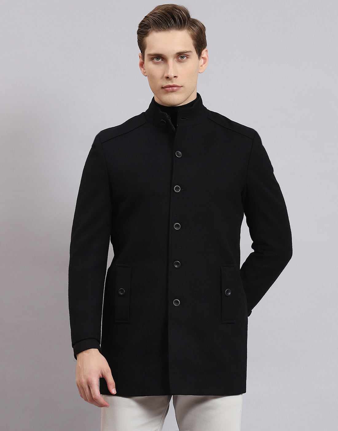 Men Black Solid Stand Collar Full Sleeve Coat