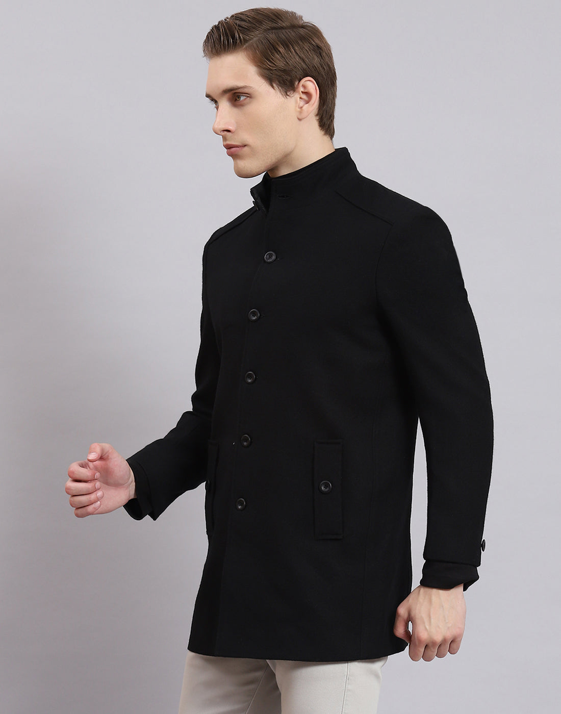 Men Black Solid Stand Collar Full Sleeve Coat