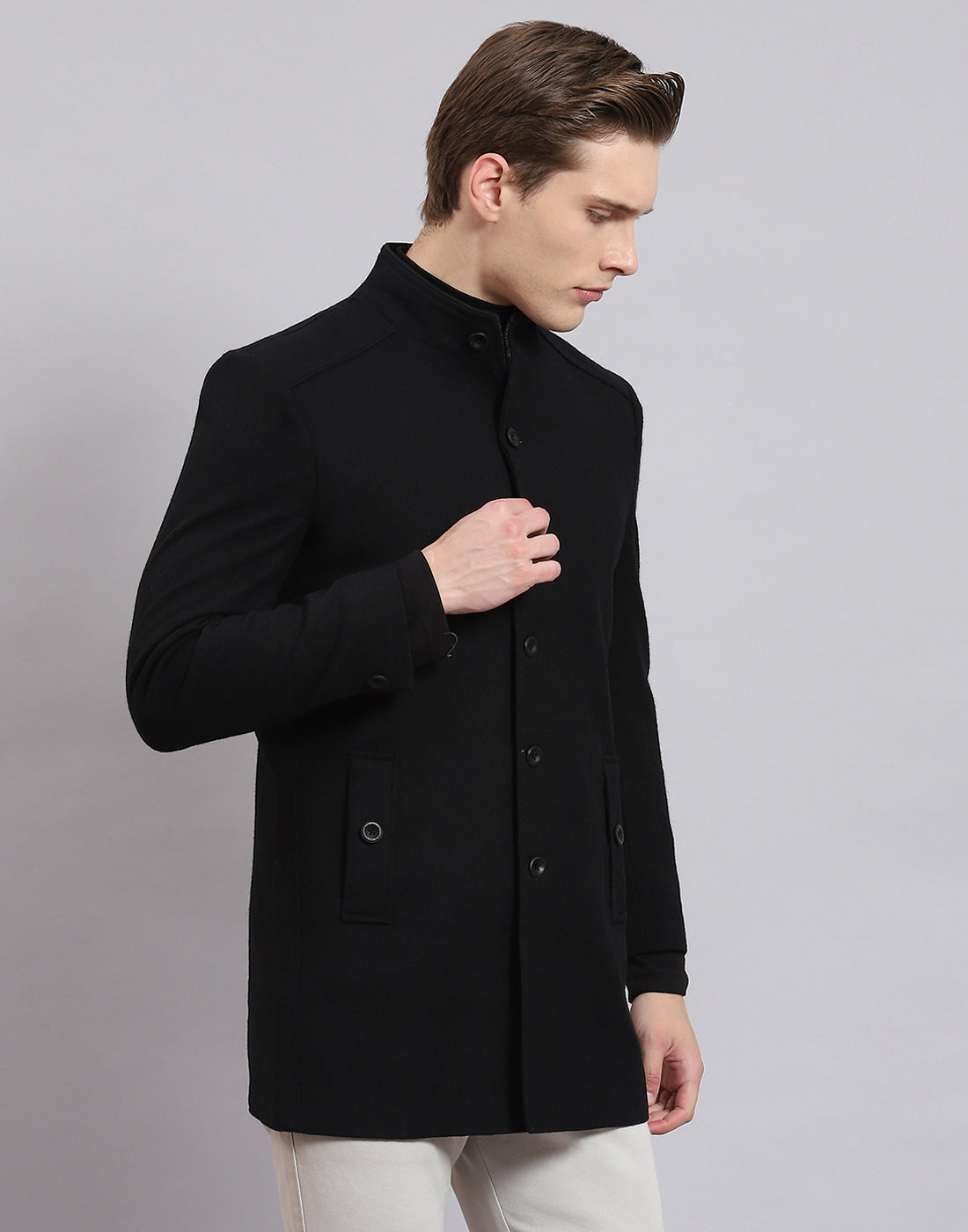 Men Black Solid Stand Collar Full Sleeve Coat