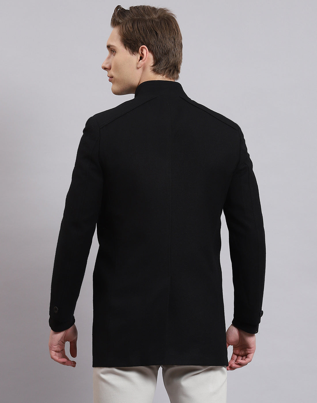 Men Black Solid Stand Collar Full Sleeve Coat