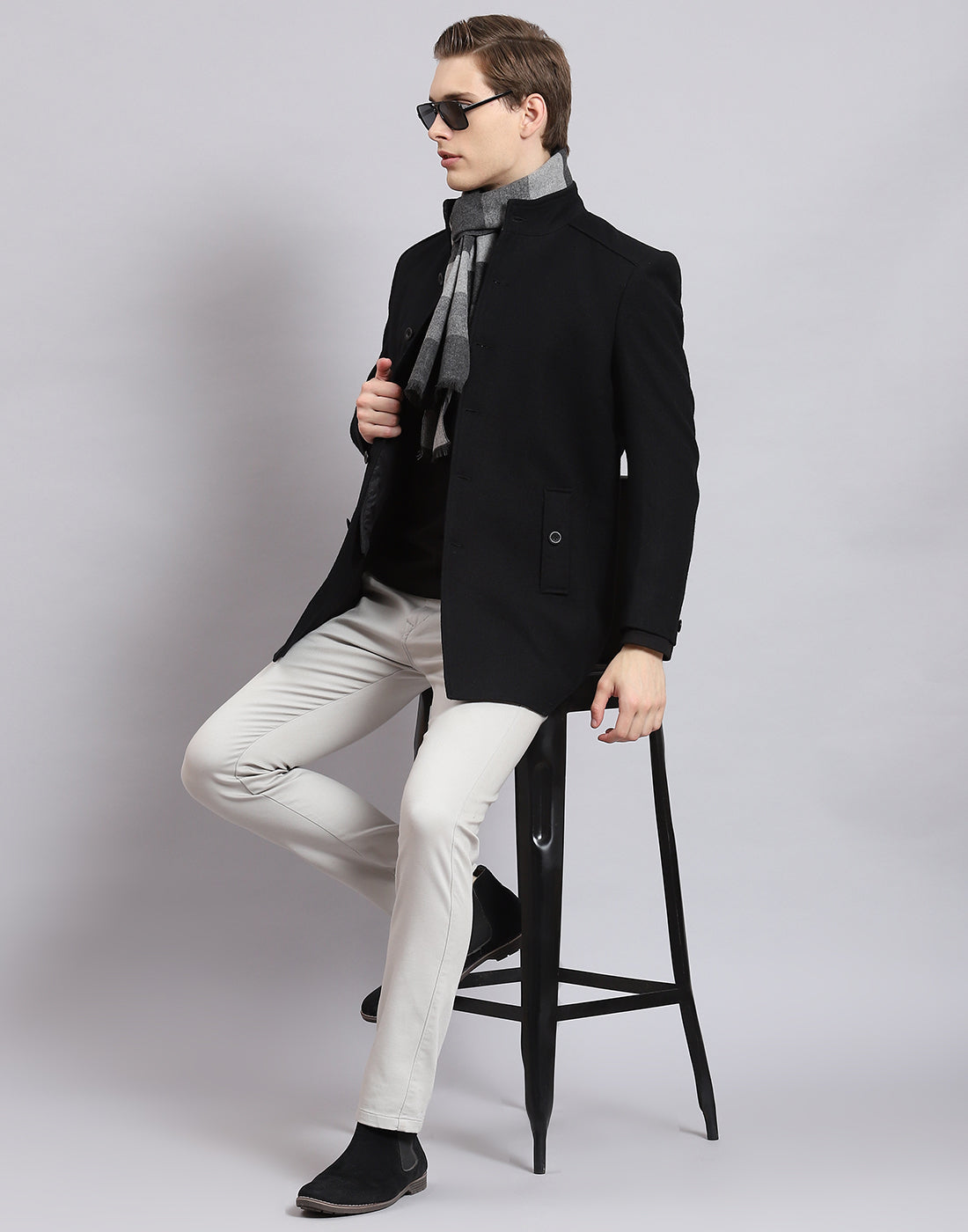 Men Black Solid Stand Collar Full Sleeve Coat