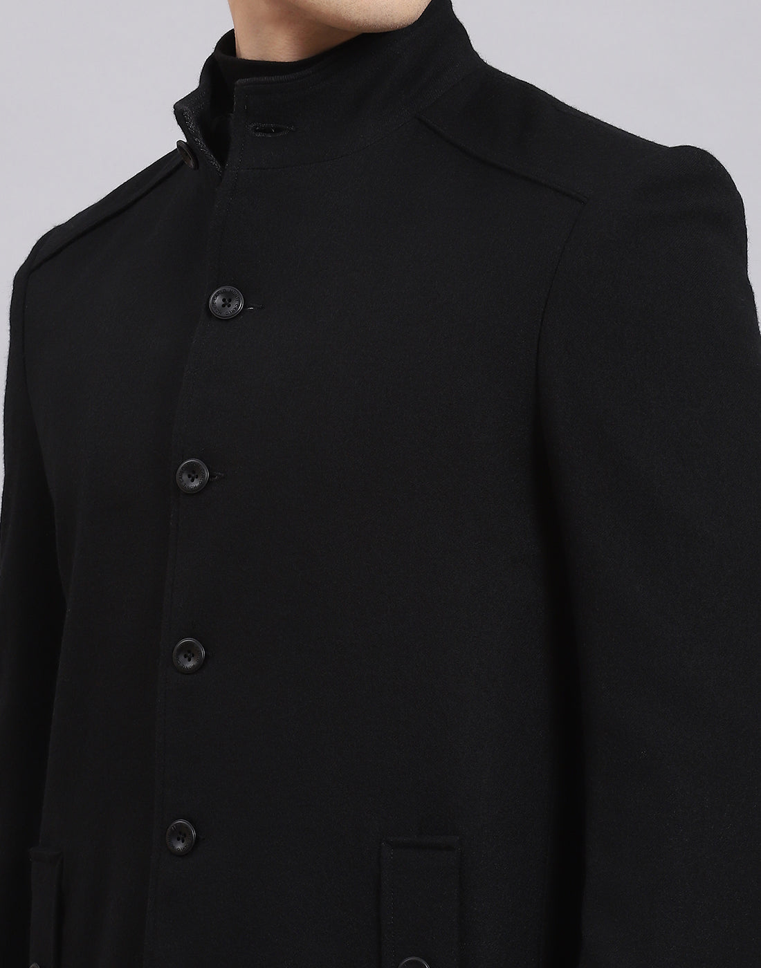 Men Black Solid Stand Collar Full Sleeve Coat