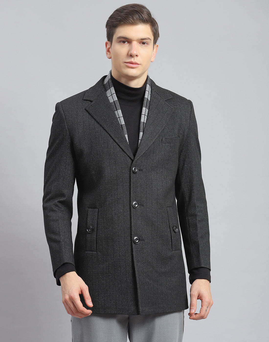 Men Grey Self Design Lapel Collar Full Sleeve Coat