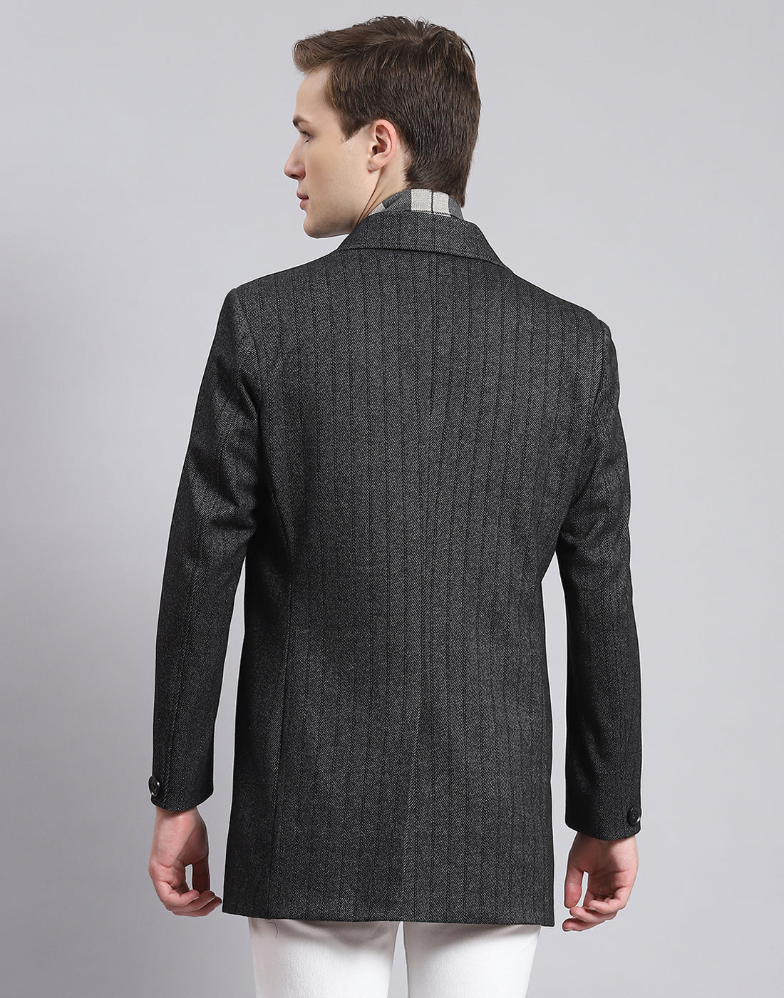 Men Black Stripe Lapel Collar Full Sleeve Coat