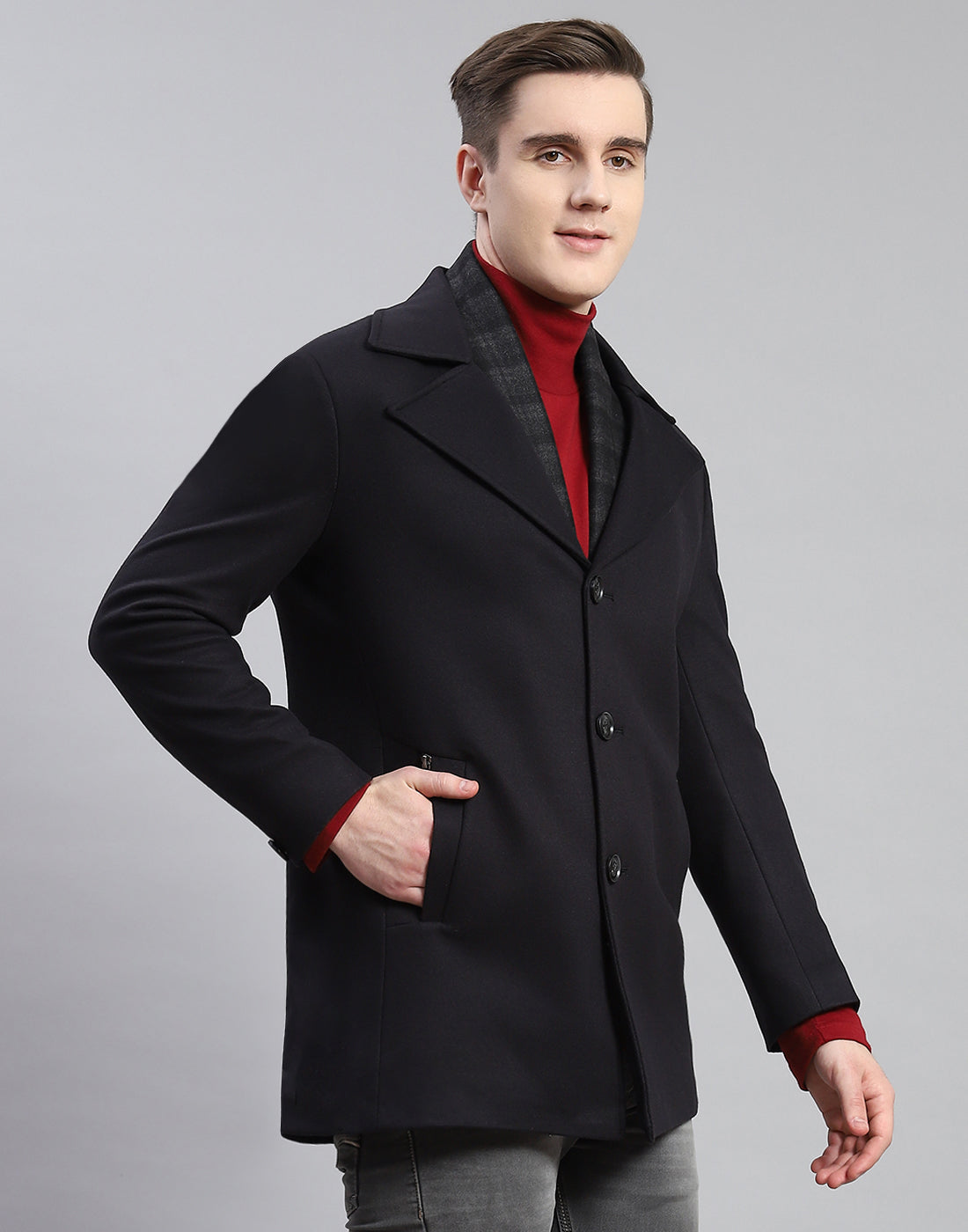 Men Navy Blue Solid Lapel Collar Full Sleeve Coat