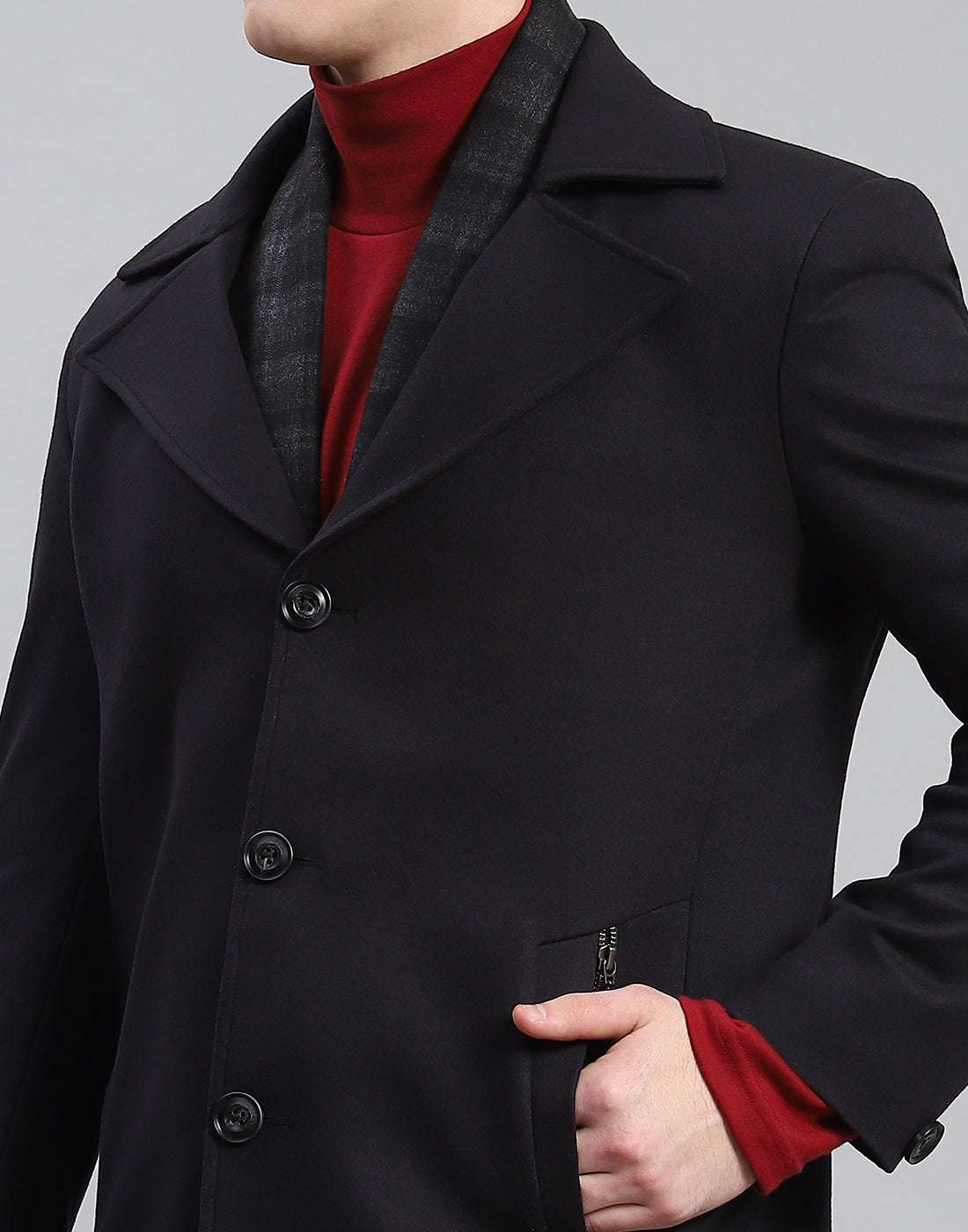 Men Navy Blue Solid Lapel Collar Full Sleeve Coat