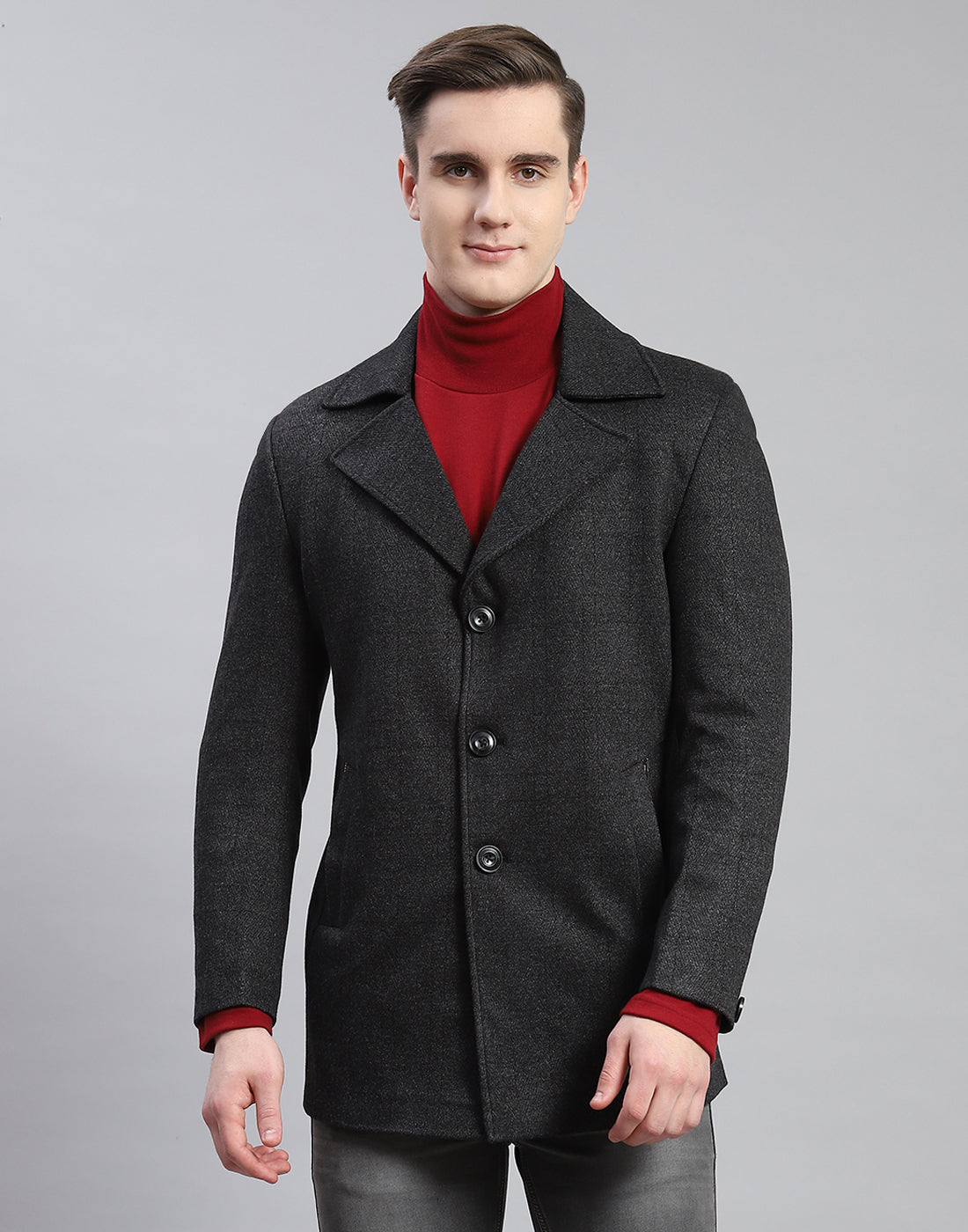 Men Grey Solid Lapel Collar Full Sleeve Coat