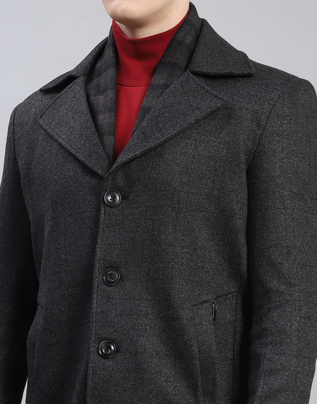 Men Grey Solid Lapel Collar Full Sleeve Coat