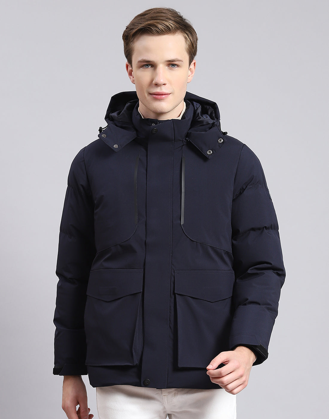 Men Navy Blue Solid Hooded Full Sleeve Jacket