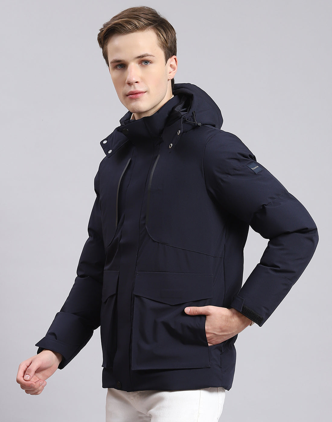 Men Navy Blue Solid Hooded Full Sleeve Jacket