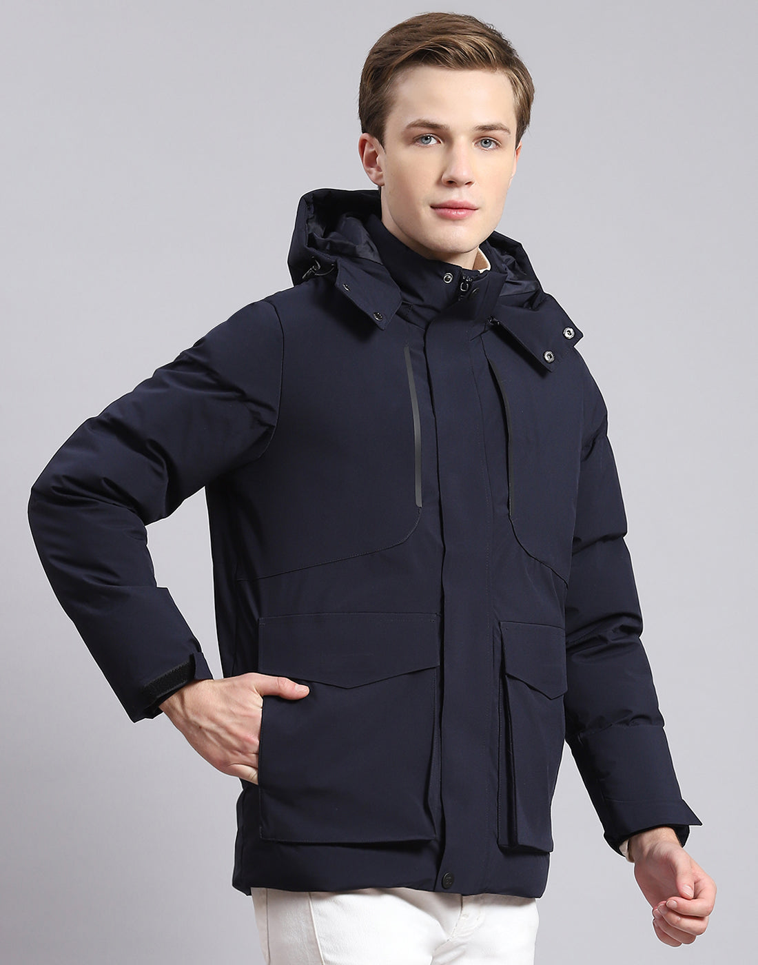 Men Navy Blue Solid Hooded Full Sleeve Jacket