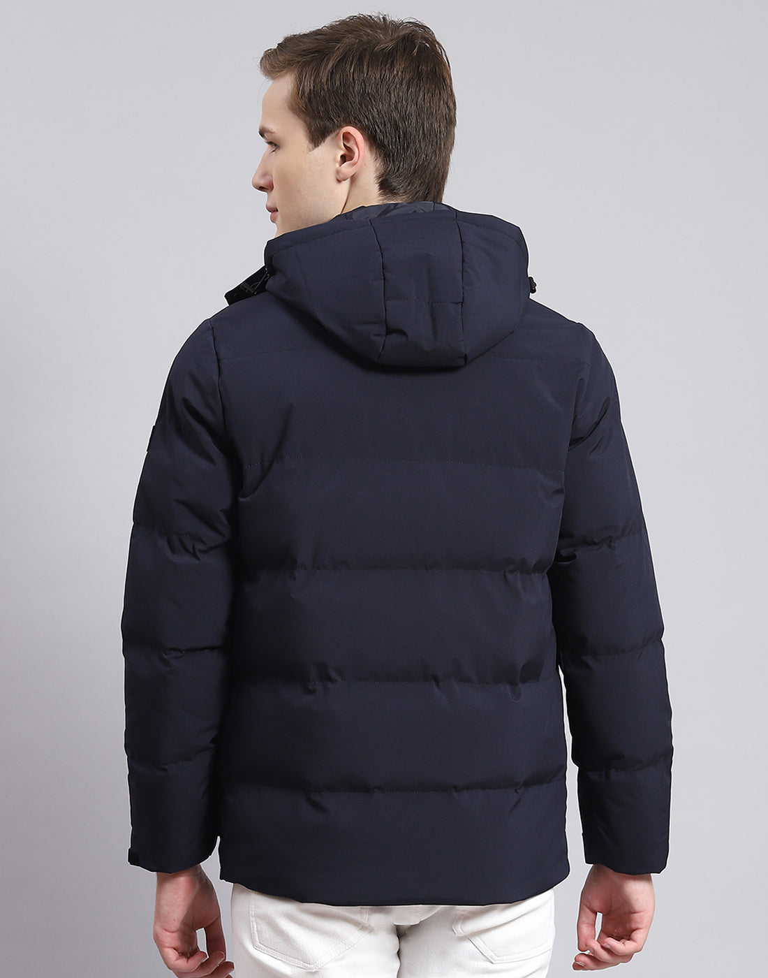 Men Navy Blue Solid Hooded Full Sleeve Jacket