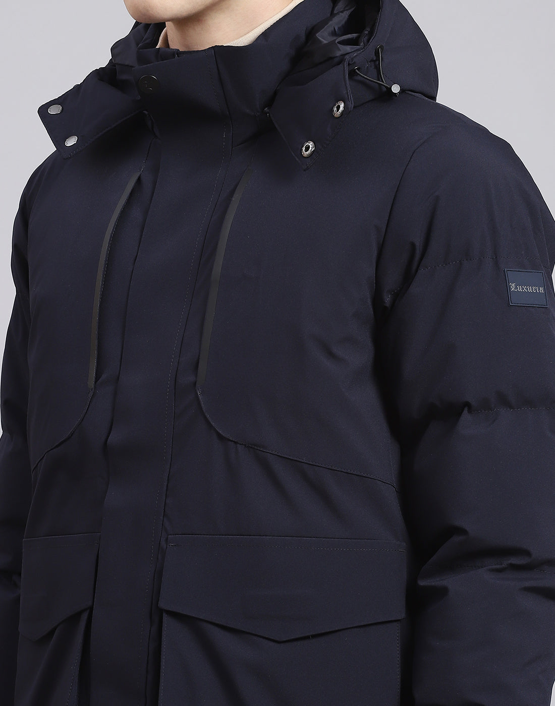 Men Navy Blue Solid Hooded Full Sleeve Jacket