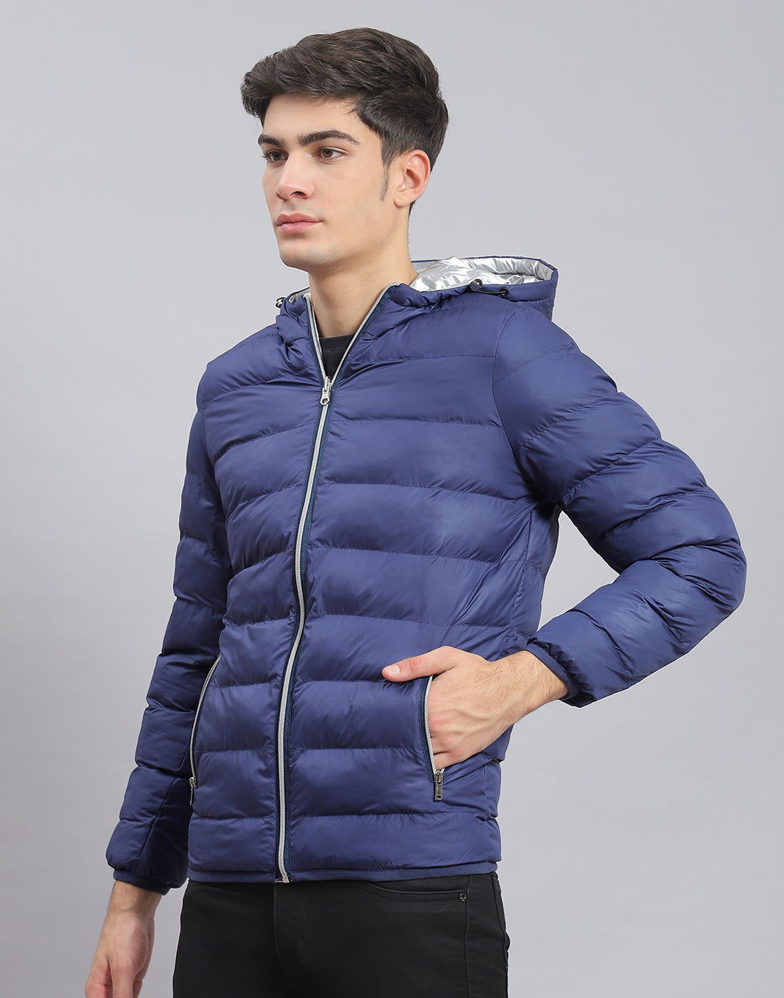 Men Blue Solid Hooded Full Sleeve Jacket