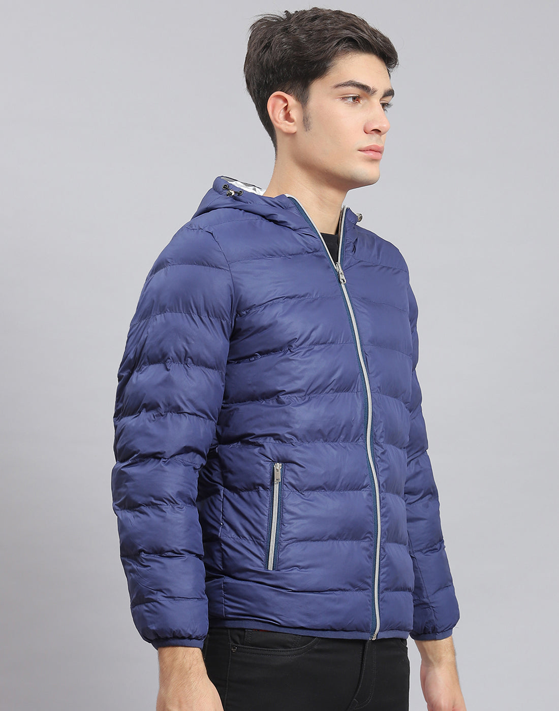 Men Blue Solid Hooded Full Sleeve Jacket