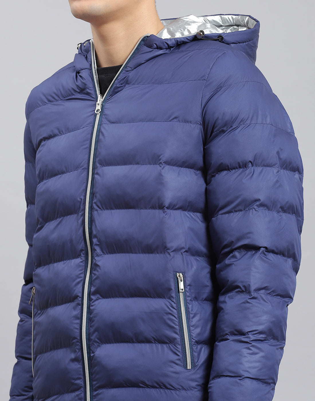 Men Blue Solid Hooded Full Sleeve Jacket