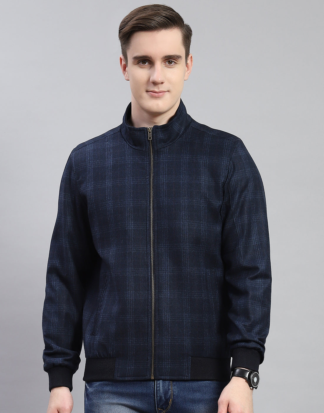 Men Navy Blue Check Stand Collar Full Sleeve Coat