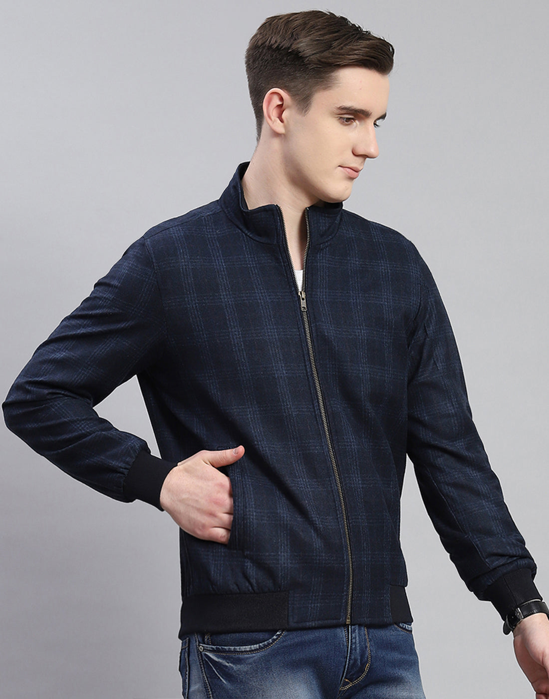 Men Navy Blue Check Stand Collar Full Sleeve Coat