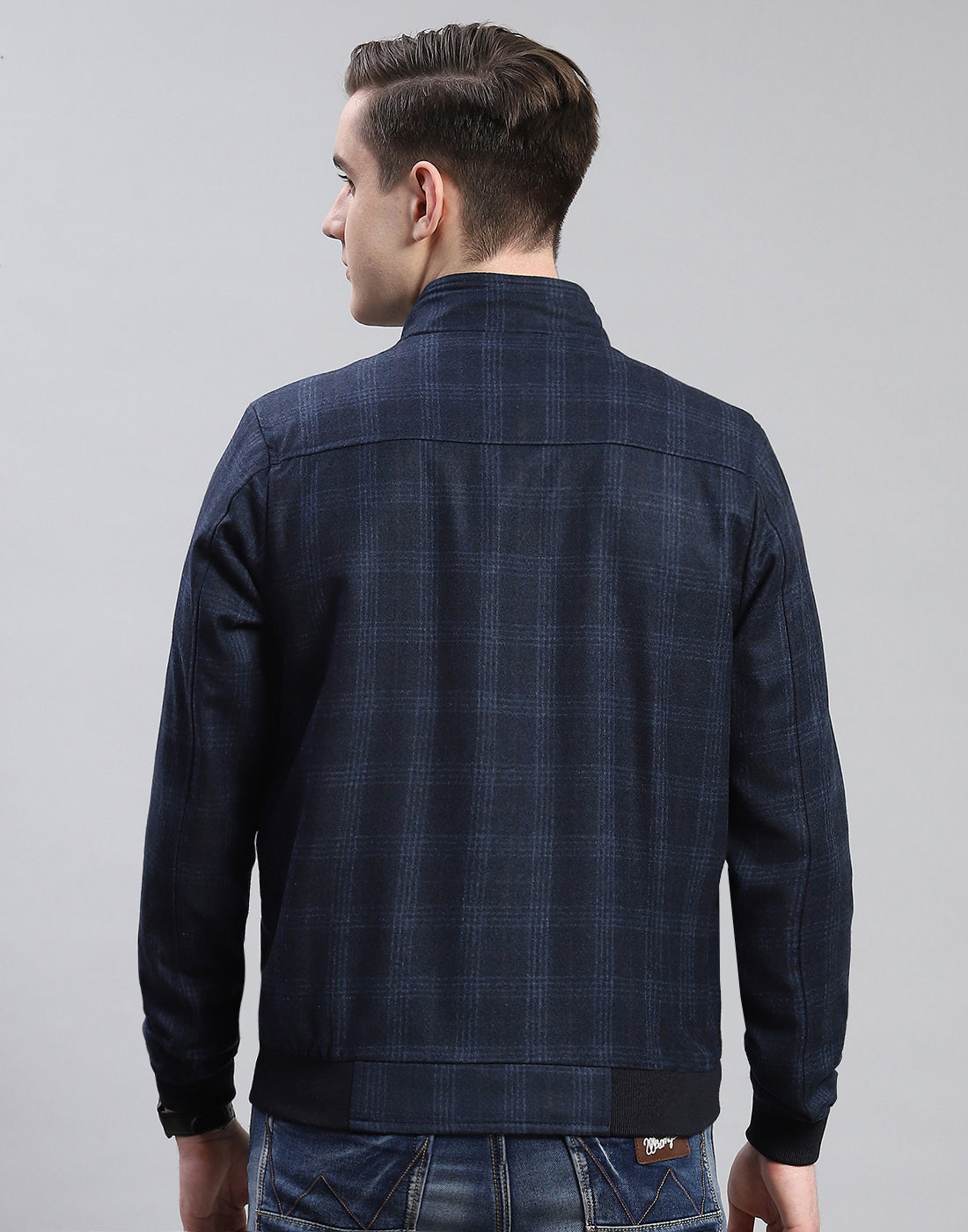 Men Navy Blue Check Stand Collar Full Sleeve Coat