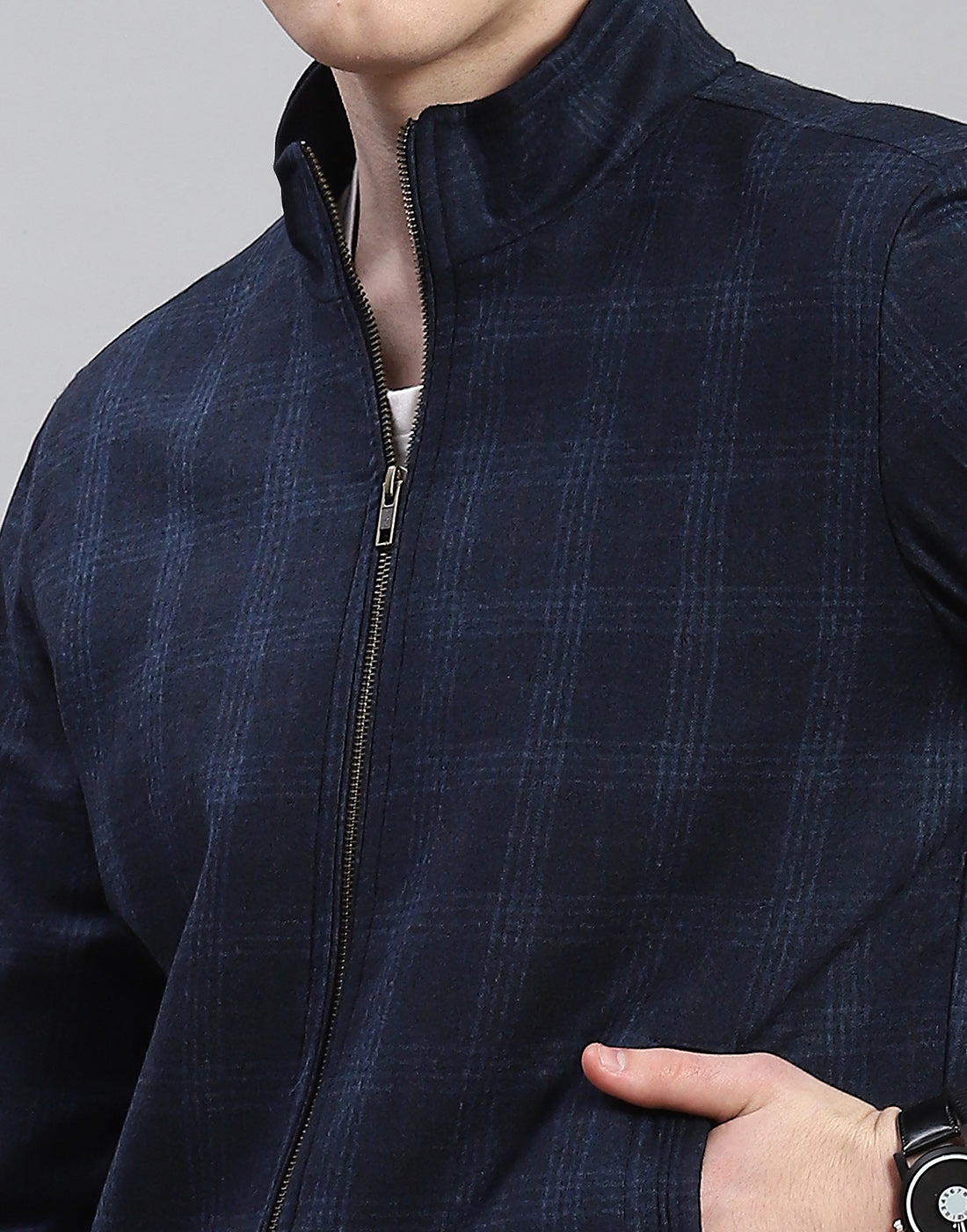 Men Navy Blue Check Stand Collar Full Sleeve Coat